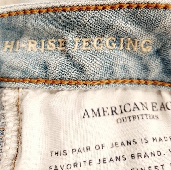 American Eagle Sz 4 Jeggings Hi Rise Patchwork Distressed Super Stretch Denim - Picture 4 of 13
